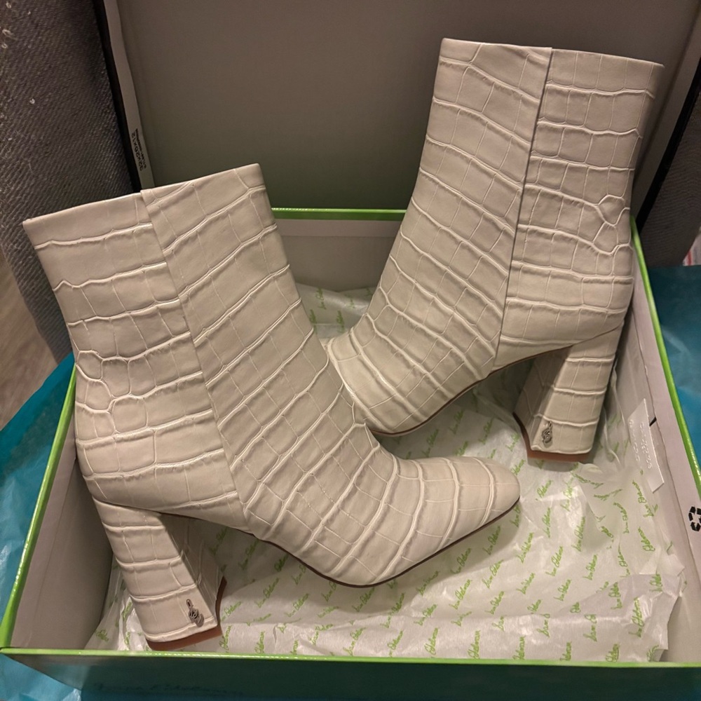 Sam Edelman White Croc-Embossed Heeled Boots